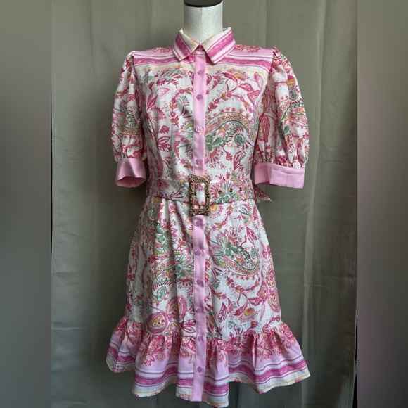 Ms.BLING Bright Pattern Button down Pink Dress - Picture 1 of 6